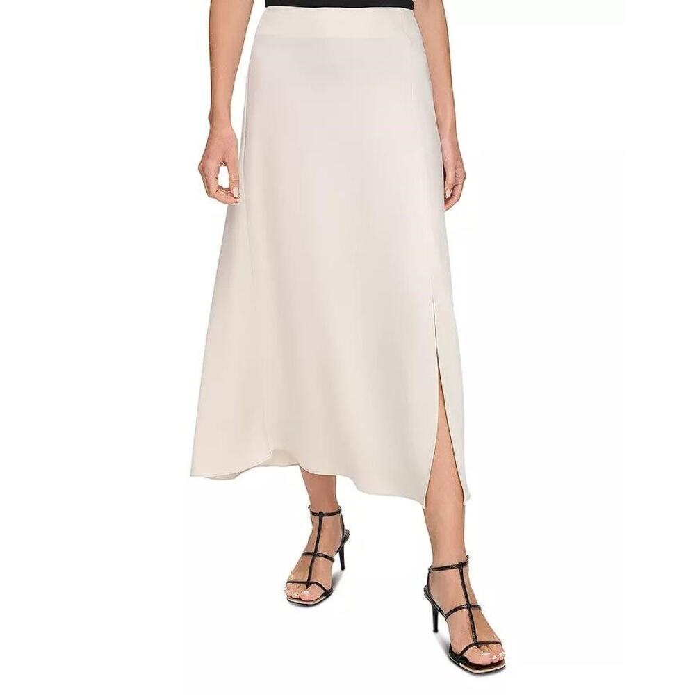 DKNY Women's Satin Side Slit Midi Skirt Size 10 In Light City Khaki
